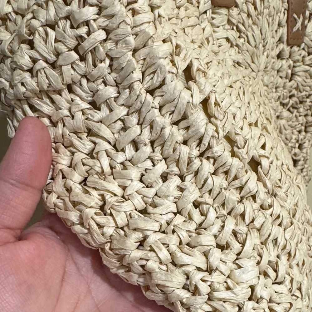 Beige Woven Tote Bag with Brown Straps - Picture 10 of 15